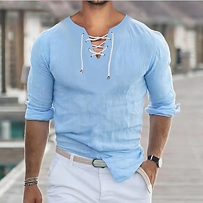 cheap -Men's Shirt Casual Shirt Summer Shirt Beach Shirt Black White Pink Sky Blue Apricot Long Sleeve Plain V Neck Holiday Vacation Lace up Clothing Apparel Fashion Casual Comfortable