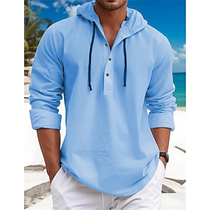 cheap -Men's Shirt Linen Shirt Summer Shirt Beach Shirt White Blue Brown Long Sleeve Plain Hooded Spring & Summer Casual Daily Clothing Apparel