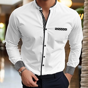 cheap -Men's Shirt Button Up Shirt Casual Shirt White Burgundy Navy Blue Blue Long Sleeve Stripes Stand Collar Daily Vacation Splice Clothing Apparel Fashion Casual Smart Casual