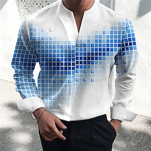 cheap -Plaid / Check Fashion Casual Men's Printed Shirts Outdoor Daily Wear Vacation Spring & Summer V Neck Long Sleeve Blue, Green S, M, L 4-Way Stretch Fabric Shirt