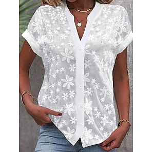 Hemd Spitzenbluse Bluse Elegante Oberteile Damen Weiß Einfach Spitze Knöpfe Straße Täglich Basic Modern V Ausschnitt Normale Passform S