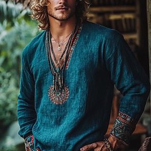 Men's Shirt Linen Shirt Popover Shirt Summer Shirt Beach Shirt Patchwork Vacation Holiday Blue Long Sleeve Collarless Summer Spring Clothing Apparel Ethnic