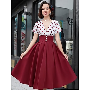 vintage midi tea dress BABEYOND Vintage Ruffle Cocktail Women Tea Party Dresses, Retro Burgrundy Casual Dress, Burgrundy Size M