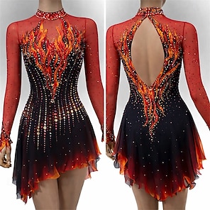 Womens Ballet Lyrische Dans Turnpakje Jurk Glitter Strass Lange Mouw Dancewear Pure Mesh Roller Kunstschaatsen Danskostuum