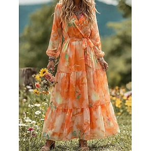 IQYU Boho Jurk voor Dames, Lang, Vintage, Rustieke Stijl, V-hals, Jurk met Bloemenpatroon, Casual Maxi-jurk, Lente, Lange Mouwen, Bloemenjurk, Western Country, Chiffonjurk