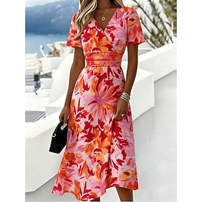 knee length dresses for ladies High-Neck Short Floral-Print Casual Summer Dress PromGirl