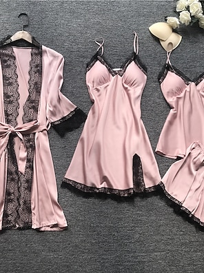 cheap -Women's Lace Satin Silk Pajamas Sets 4 Pcs Home Party Daily Elastic Waist Pure Color Satin Simple Casual Soft Strap Top Shorts Fall Winter Spring Strap Short Sleeves Long Sleeve
