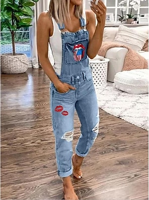 Women's Dungaree Ripped Denim Jeans Jumpsuit XS/S/M/L/XL 
