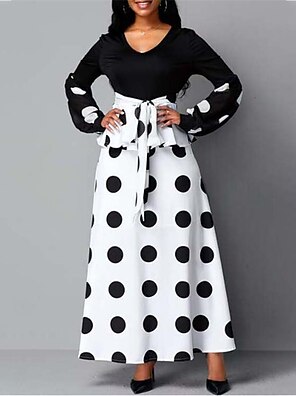 Women's A Line Dress Midi Dress Black And White Color bar Dots Women's A Line Dress Midi Dress Black And White Color bar Dots