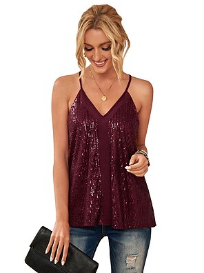 Bohelly Womens Solid Casual Sleeveless Solid Color Sequined Shirt Loose Cutout Camisole