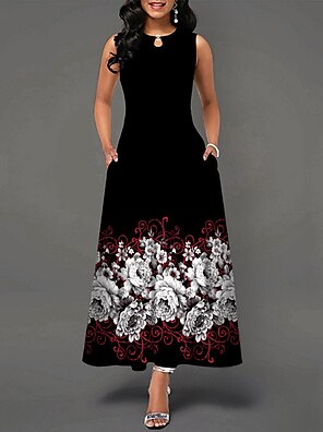 Women's A Line Dress Midi Dress Black And White Color bar Dots Women's A Line Dress Midi Dress Black And White Color bar Dots