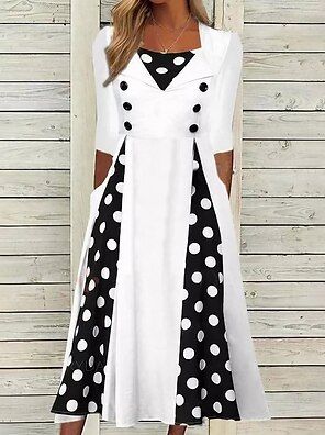 Women's A Line Dress Midi Dress Black And White Color bar Dots 