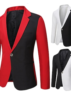 cheap -Men's Jacket Blazer Wedding Party Evening Patchwork Spring Fall Color Block Party Casual Flat collar Thin Regular Slim Black White Red Jacket