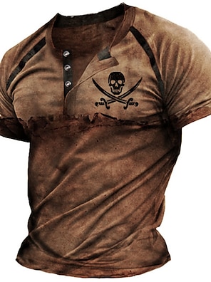 Jhualeek Mens Casual Skull 3D Printing Tees Slim Fit Henley Shirt Cotton Tops T-Shirts 