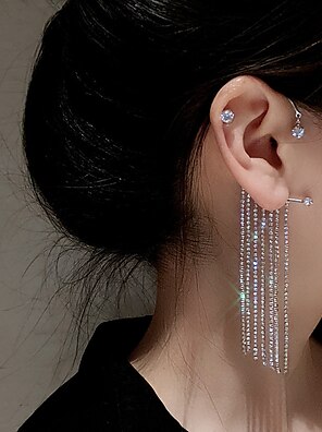 cheap -European fashion rhinestone tassel chain long tassel ear clip ear cuff single earrings