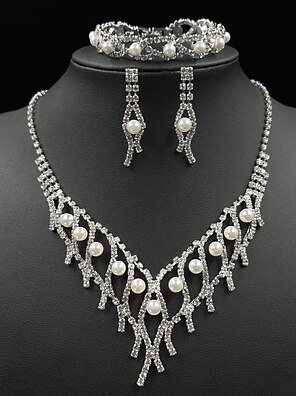 cheap -Bridal Jewelry Sets Three-piece Suit Imitation Pearl Rhinestone Earrings Necklace Bracelets Women&#039;s Stylish Elegant Baroque Tennis Chain Jewelry Set For Wedding Party Evening Wedding Guest