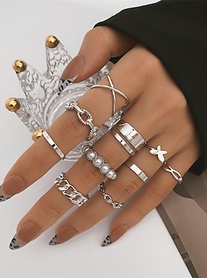 cheap -Women Ring Wedding Geometrical Silver Chrome Mini Punk Personalized Stylish 10pcs