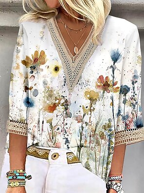 Women's Shirt Blouse Yellow Red Lace Trims Print Graphic Casual 3/4 Length Sleeve V Neck Basic Regular S 2023 - US $14.99