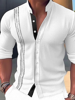 cheap -Men's Shirt Linen Shirt Embroidered Button Up Shirt Casual Shirt Summer Shirt Beach Shirt Black White Pink Long Sleeve Standing Collar Spring & Summer Casual Daily Clothing Apparel Embroidered