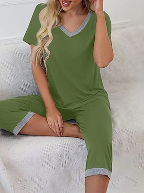 cheap -Women's Pajamas Pajama Top and Pant Sets Pure Color Casual Comfort Soft Home Daily Bed Cotton Blend Breathable V Wire Short Sleeve T shirt Tee Elastic Waist Summer Spring White Yellow