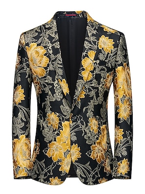cheap -Mens Graphic Jacket Floral Prints Fashion Streetwear Business Coat Work To Going Out Fall & Winter Turndown Long Sleeve Yellow Polyester Small Medium Large