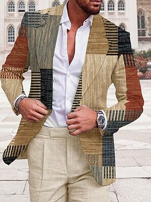 cheap -Christmas Blazer Mens Graphic Jacket Plaid Check Prints Geometry Fashion Streetwear Business Coat Work To Going Out Fall & Winter Turndown Long Sleeve Khaki Casual Yellow Colorful Linen
