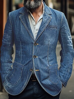cheap -Men's Blazer Denim Jacket Business Daily Wear Pocket Spring Fall Plain Fashion Streetwear Lapel Regular Denim Dark Blue Light Blue Jacket
