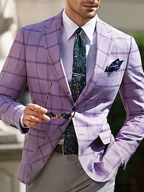 cheap -Men's Blazer Business Formal Evening Wedding Party Fashion Casual Spring &  Fall Polyester Plaid / Check Geometry Pocket Casual / Daily Single Breasted Blazer Purple