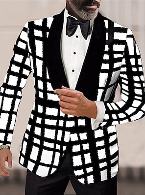 cheap -Men's Cocktail Attire Blazer Performance Birthday Party Fashion Casual Spring &  Fall Polyester Plaid / Check Geometic Pocket Casual / Daily Single Breasted Blazer Black