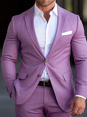cheap -Men's Blazer Business Cocktail Party Wedding Party Fashion Casual Spring &  Fall Polyester Plaid / Check Geometic Pocket Casual / Daily Single Breasted Two-button Blazer Purple