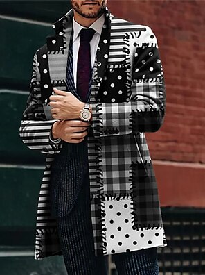 cheap -Mens Graphic Jacket Plaid Geometry Business Coat Work Wear To Going Out Fall & Winter Turndown Long Sleeve Black Xl Polyester Patchwork White Polka Dots Fashion