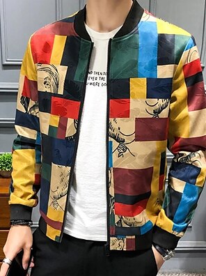 cheap -Colorful Bomber Jacket Mens Graphic Plaid Geometry Coat Sports & Outdoor Daily Wear Going Fall Winter Standing Collar Long Sleeve Yellow Polyester Casual