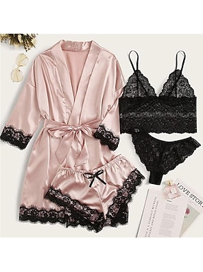 cheap -Women's Lace Satin Silk Pajamas Sets 4 Pieces Pure Color Simple Casual Soft Home Daily Bed Satin Breathable V Wire Long Sleeve Shorts Summer Spring Black Pink