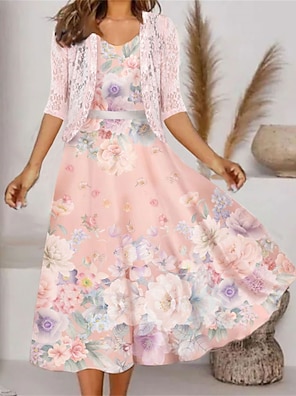  Women's Lace Dress Dress Set Two Piece Dress Midi Dress Pink  Half Sleeve Pure Color Pink S: Clothing, Shoes & Jewelry
