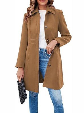 Women's Long Coat Elegant Hooded Overcoat Fall Single Breasted Pea