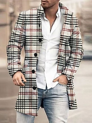 cheap -Plaid / Check Business Casual Men's Coat Work Wear to work Going out Fall & Winter Standing Collar Long Sleeve Gray M L XL Polyester Weaving Jacket