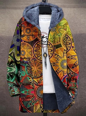 cheap -Floral Dazzle color Vintage Men's Fleece Jacket Coat Hoodie Jacket Daily Wear Going out Fall & Winter Hooded Long Sleeve Yellow S M L Polyester Jacket