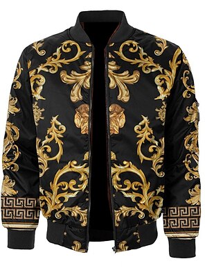 cheap -Floral Casual Boho Men's Bomber Jacket Coat Sports & Outdoor Daily Wear Going out Fall & Winter Standing Collar Long Sleeve Black White S M L Polyester Denim Weaving Jacket