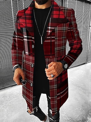 cheap -Purple Plaid Trench Coat Mens Graphic Jacket Business Casual Work Wear To Going Out Fall & Winter Stand Collar Long Sleeve Black Yellow Red Xl Polyester