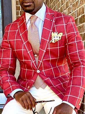 cheap -Men's Blazer Business Cocktail Party Wedding Party Fashion Casual Spring &  Fall Polyester Plaid Button Pocket Comfortable Single Breasted Blazer Red