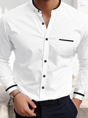 cheap -Men's Shirt Dress Shirt Button Up Shirt White Navy Blue Light Blue Gray Long Sleeve Patchwork Standing Collar Wedding Daily Front Pocket Clothing Apparel Fashion Casual Comfortable Smart Casual