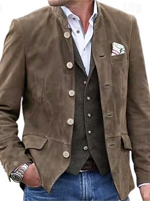 cheap -Men's Faux Suede Jacket Blazer Outdoor Daily Wear Warm Button Pocket Fall Winter Plain Fashion Streetwear Lapel Regular Green Jacket