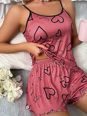 cheap -Women's Pajamas Sets Heart Fashion Comfort Home Valentine's Day Daily Satin Breathable Straps Sleeveless Strap Top Shorts Backless Elastic Waist Summer Spring Lotus Pink Black