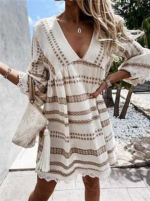 Women's Boho Tops for Women Vintage Ethnic Style Printed Tassel Tie Neck  Short Sleeve Loose Fit Bohemian Tunic Top(Small,Apricot) at  Women's  Clothing store