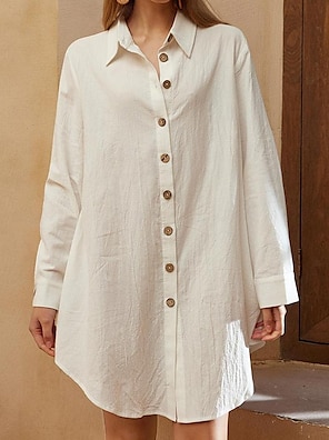 Blusa italiana de algodón de lino con un botón para mujer, cuello redondo,  manga 3/4, cuello redondo, parte superior