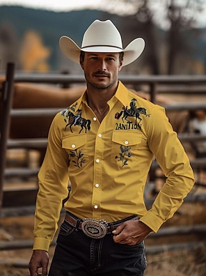 Men s Cowboy Western Shirt Button Up Shirt Long Sleeve Vintage Western Style Daily Wear Spring Fall Winter Collared Shirts 3D Print Front Pocket Yellow Blue Khaki 2024 CAD 46.99