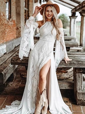 light in the box boho wedding dress Bohemian Lace Wedding Gown with Illusion Waist and Graphic Floral