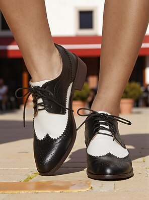 Women's Leather Wingtip Oxford Shoes - 2 Inch Low Heel, Pointed Toe Lace-Up Work & Walking Shoes