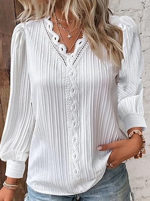 Maglia Donna Maniche Lunghe In Cotone - Colletto Camicia E Scollo A V - Stile Casual Elegante Per Autunno/Inverno - Foto 10