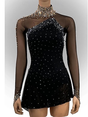 XIUWOUG Eiskunstlauf Kleid – Schwarz Mit Strass, Langärmelig Für Frauen & Mädchen (Größen 8 Bis XXL)